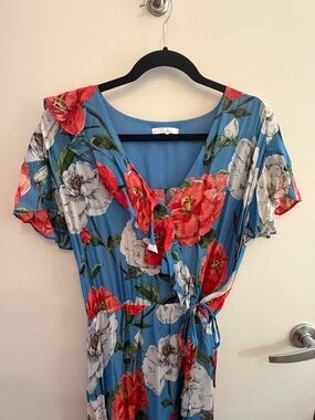 Parker Blue Floral Silk Midi Wrap Dress with Orange & White Blooms🌺